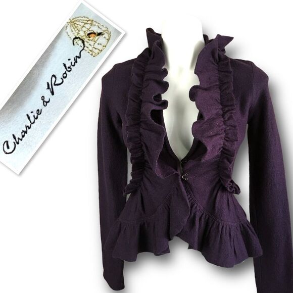 Anthropologie Charlie & Robin Ruffle Boiled Wool Cardigan In Purple Size XS - Picture 2 of 13